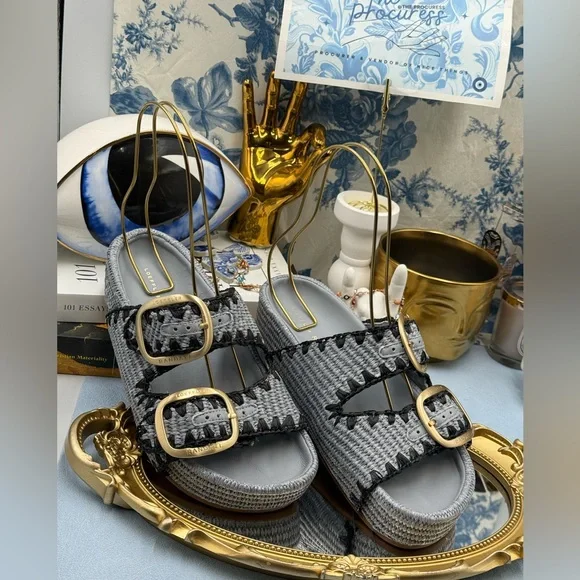 🆕 LOEFFLER RANDALL 🧿 NWOB Theo Embroidered Raffia Platform Sandal, Blue Sz 7.5 - Picture 3 of 14